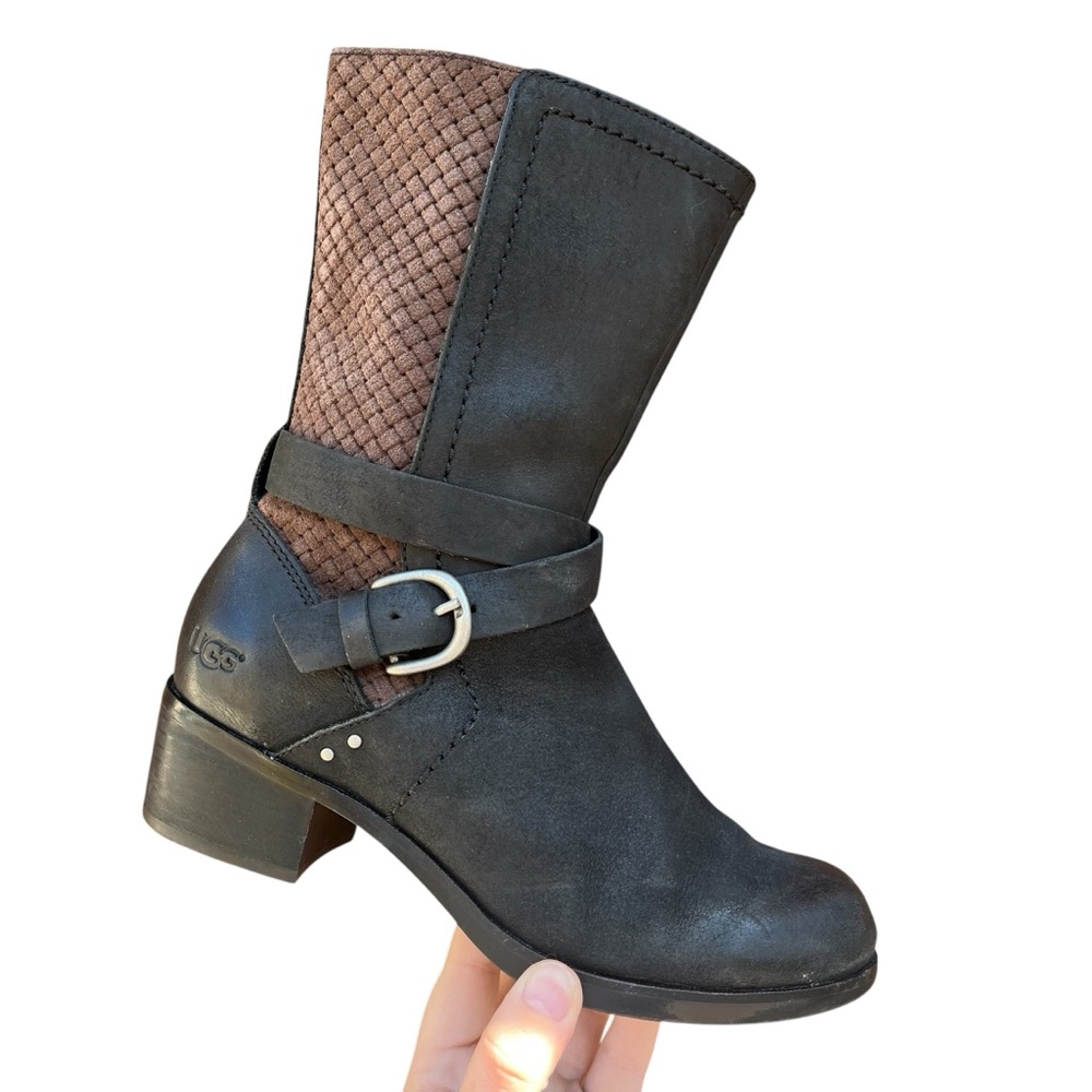 UGG Lula Mae Stacked Heel Leather Suede‎ Riding Buckle Boot Women’s Size 6 Black